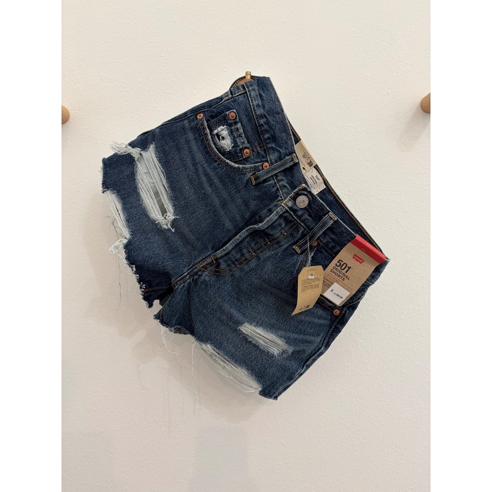Levis 501 Original High Rise Distressed Denim Shorts Dark Wash Size 24